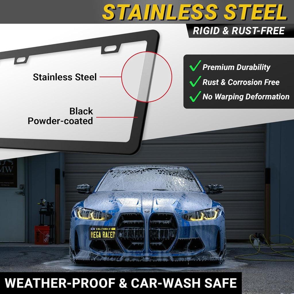 Premium Slim Matte Black License Plate Frames – 2 Pack, Rust-Free Stainless Steel & Rattle-Free, Street Legal, Universal with Screw Caps, Thin Metal Front & Rear Car Tag Holders for Men & Women