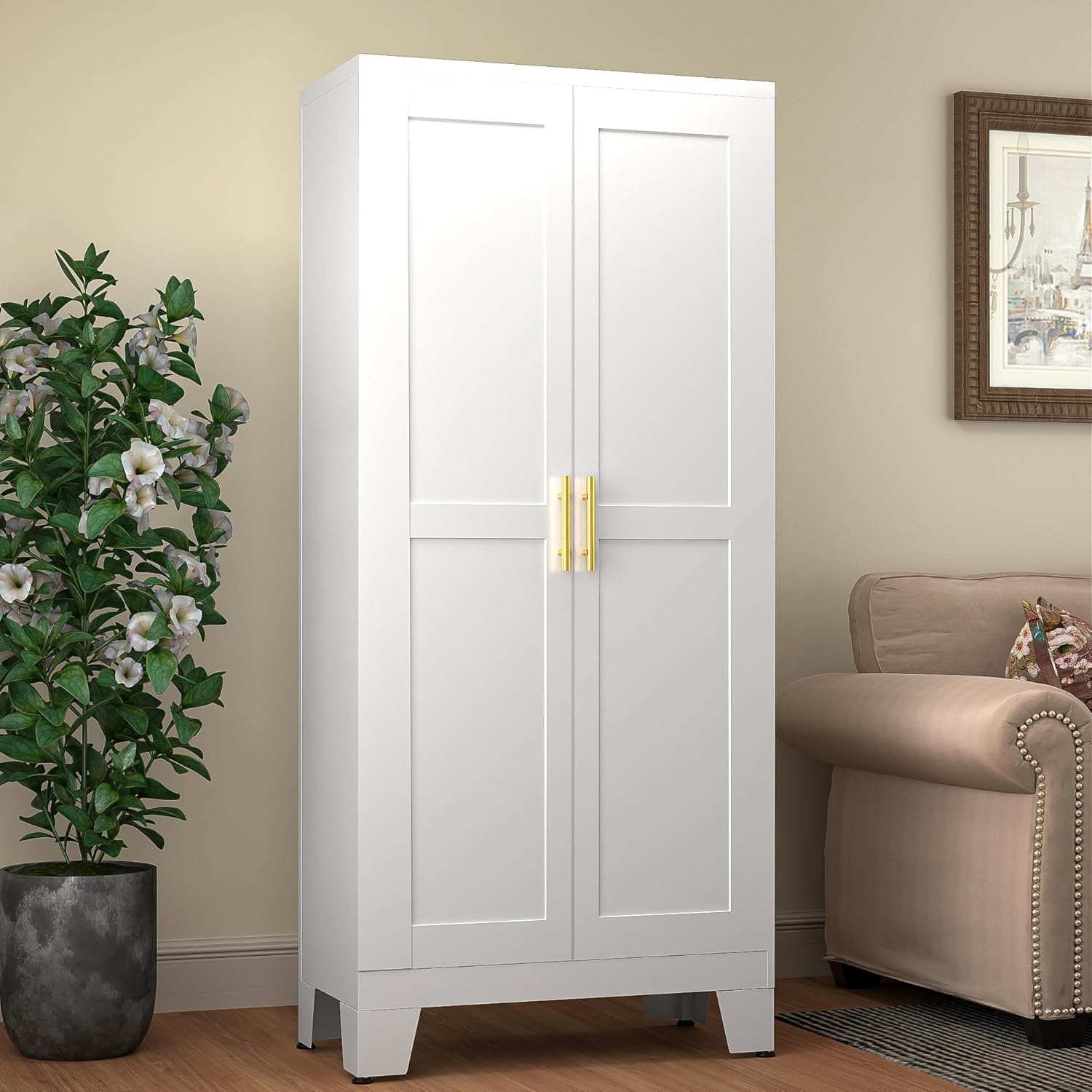 75.2" Tall Metal Kitchen Pantry Storage Cabinets with 2 Door and 5 Adjustable Shelves, Cupboard for Kitchen, Dining Room, Living Room and Bathroom, White