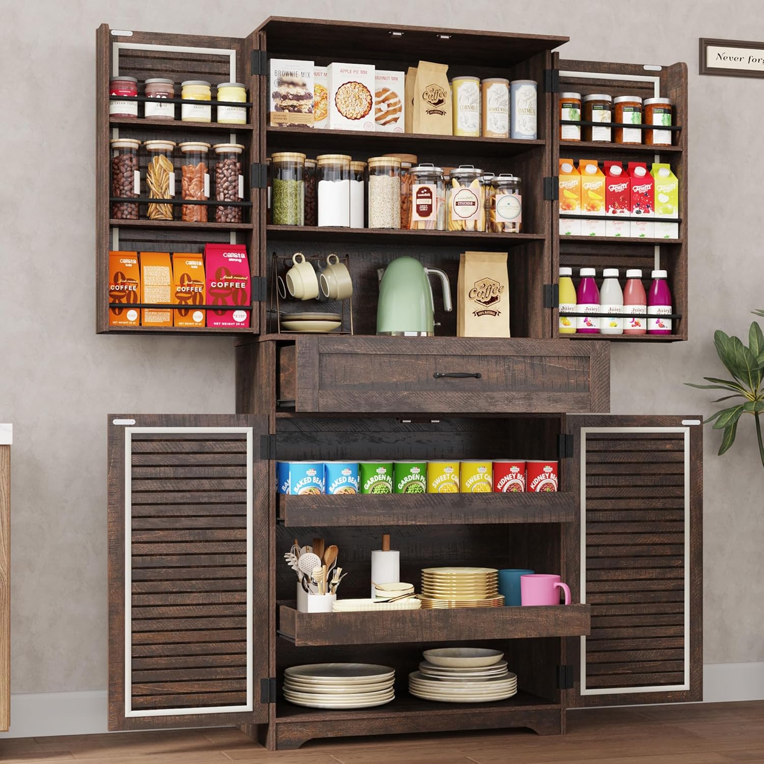 Kitchen Pantry Cabinet with Louver Doors, Farmhouse Pantry with Door Shelves, Kitchen Cabinet with Storage Drawer, Farmhouse Wood Tall Freestanding Cupboard for Dining Room Living Room, Brown