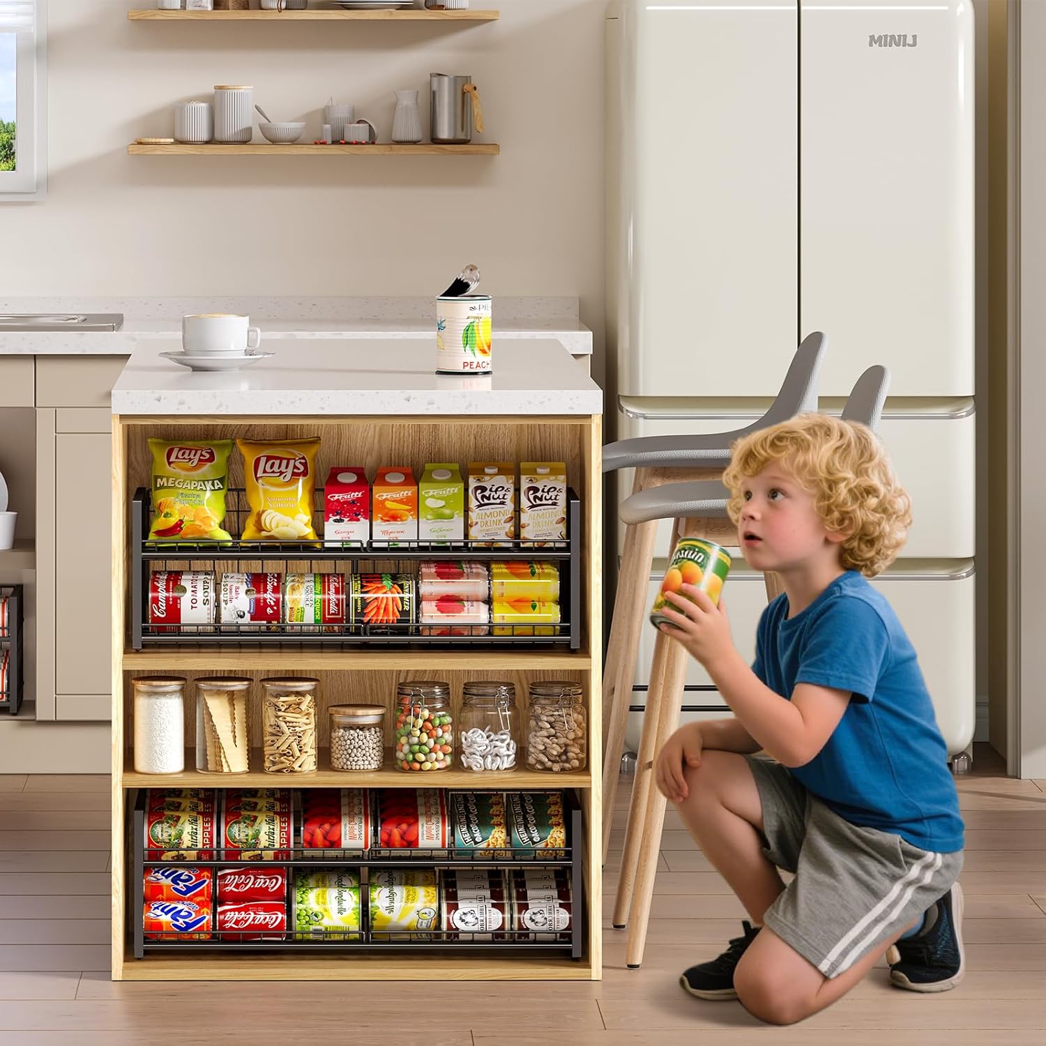 2-Pack Stackable Can Organizer for Pantry Shelf, Adjustable Extra-Long Rolling Can Rack for Kitchen Cupboard Storage, Sturdy Standing Can Holder for Canned Food Goods Soda up to 128, 2 Tier, Black