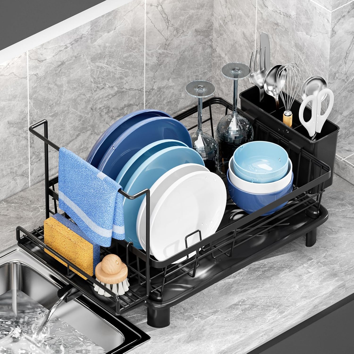 Dish Drying Rack, Stainless Steel Space-Saving Dish Rack, Dish Racks for Kitchen Counter, Kitchen Dish Drainers with Removable Utensil Holder,New Drain Outlet,Plate Rack and Drainboard, Black