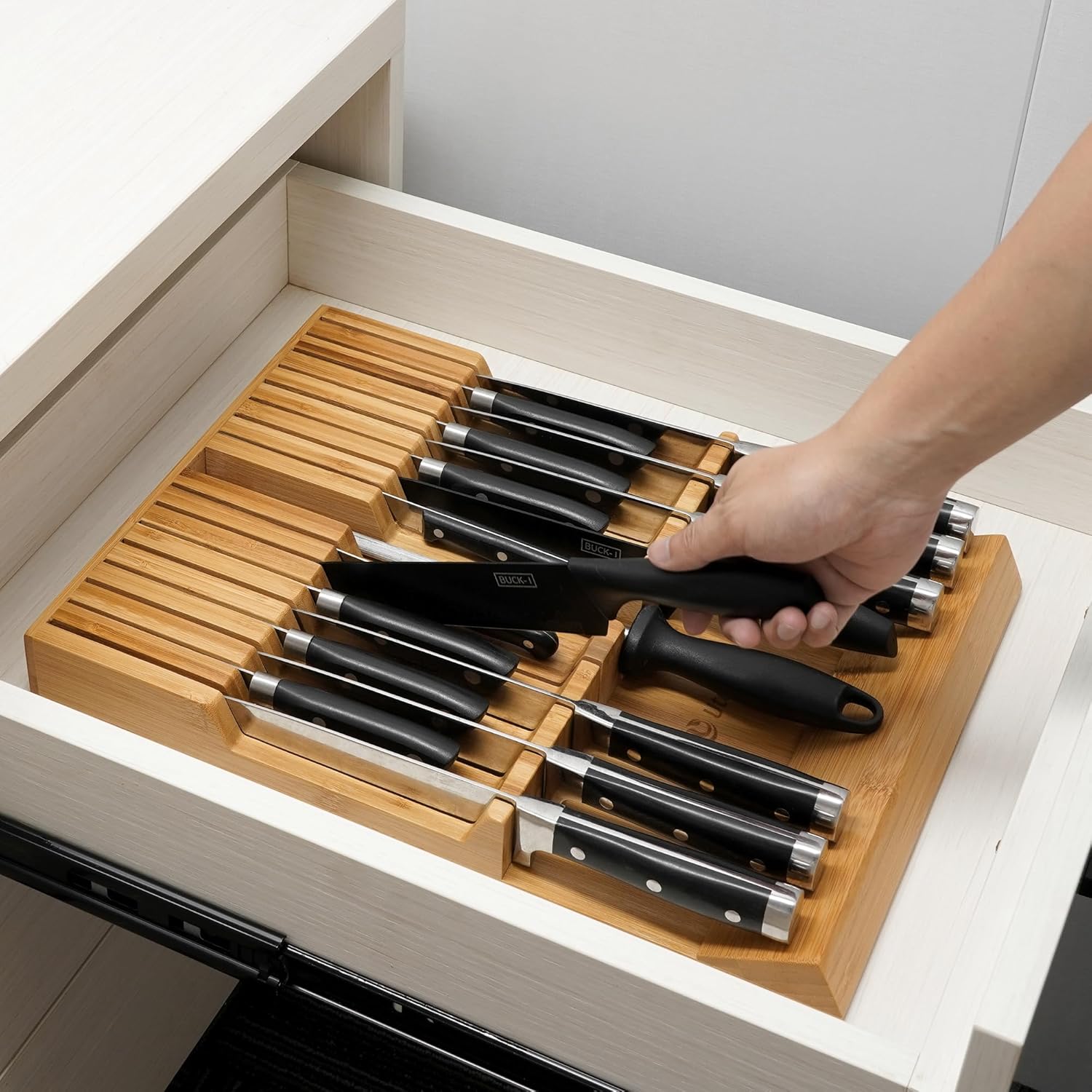 Utoplike In-drawer Knife Block Bamboo Kitchen Knife Drawer Organizer Large, Handle Steak knife Holder without Knives, Fit for 16 Knives and 1 Sharpening Steel (Knives & Sharpening Not Included)