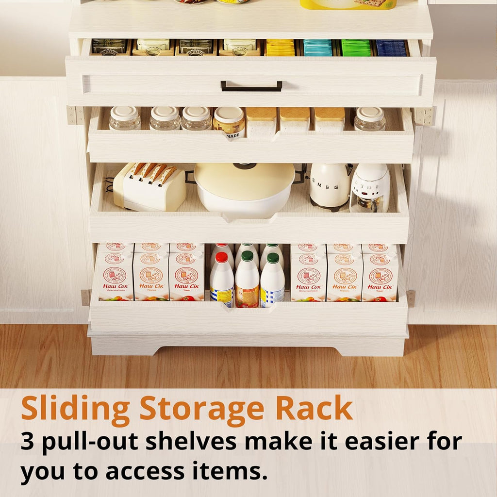 IRONCK Farmhouse Kitchen Pantry Cabinet, 72" Height Tall Freestanding Cupboard with Sliding Storage Rack and 6 Hanging Shelves for Kitchen, Dining Room, White