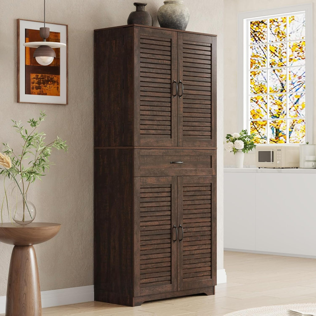 Kitchen Pantry Cabinet with Louver Doors, Farmhouse Pantry with Door Shelves, Kitchen Cabinet with Storage Drawer, Farmhouse Wood Tall Freestanding Cupboard for Dining Room Living Room, Brown