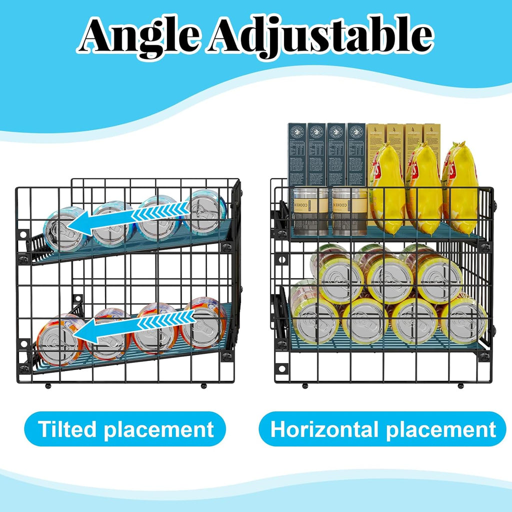 2-Pack Stackable Can Organizer for Pantry Shelf, Adjustable Extra-Long Rolling Can Rack for Kitchen Cupboard Storage, Sturdy Standing Can Holder for Canned Food Goods Soda up to 128, 2 Tier, Black