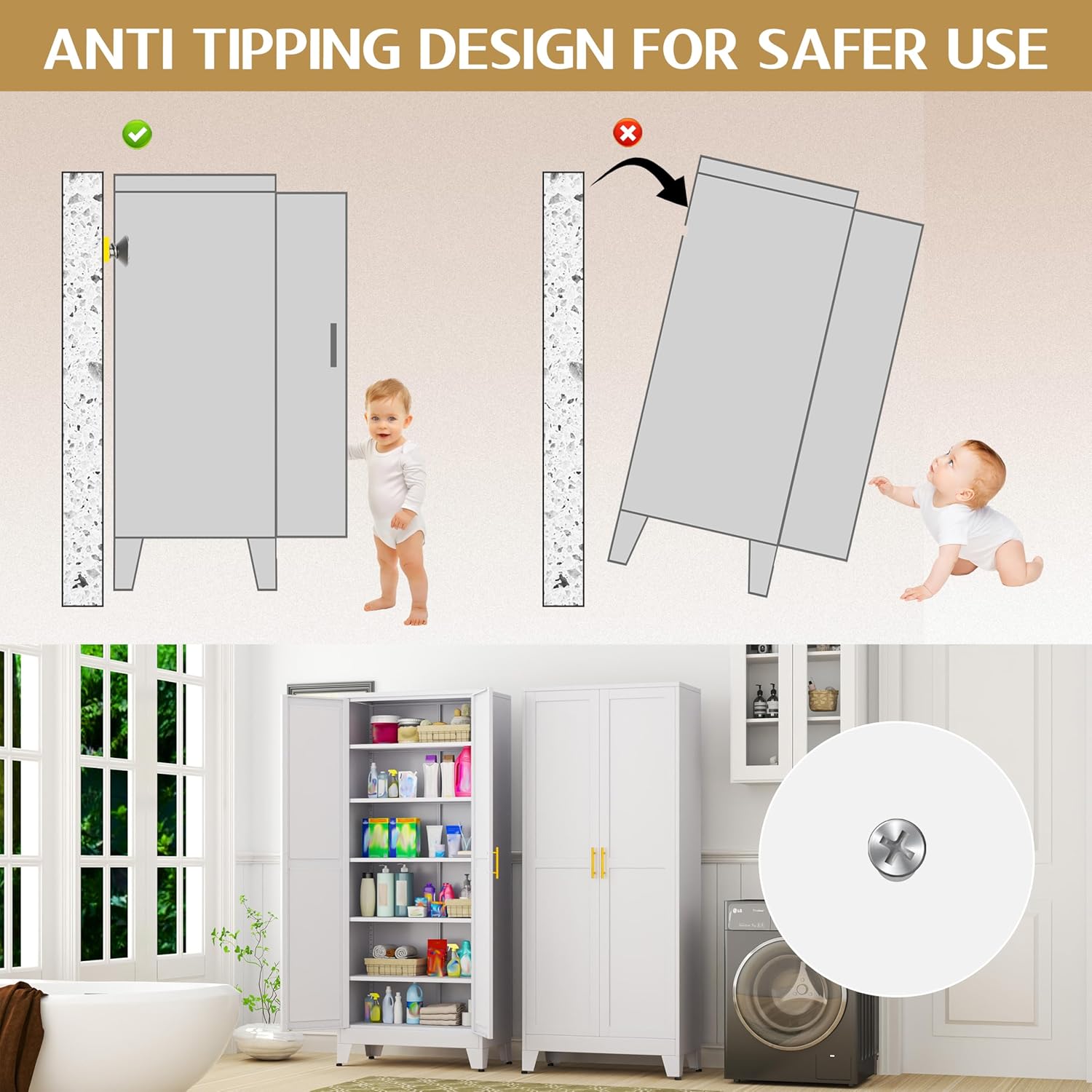 75.2" Tall Metal Kitchen Pantry Storage Cabinets with 2 Door and 5 Adjustable Shelves, Cupboard for Kitchen, Dining Room, Living Room and Bathroom, White