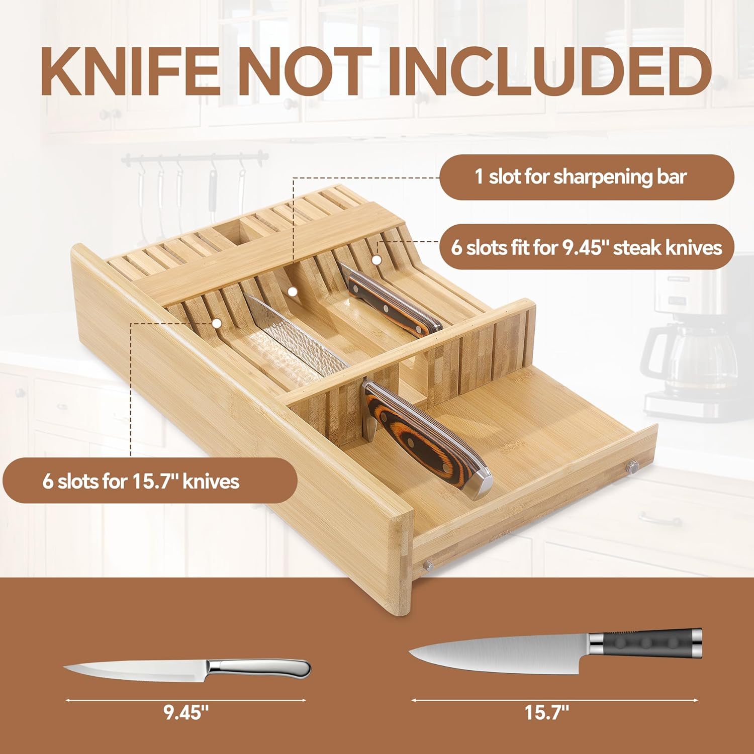 HOMBYS Bamboo Pull-Down Under Cabinet Knife Storage, Hardwood Kitchen Box Holds 12 Knife Slots + 1 Sharpener Holder, Hidden Kitchen Block for Space Saving