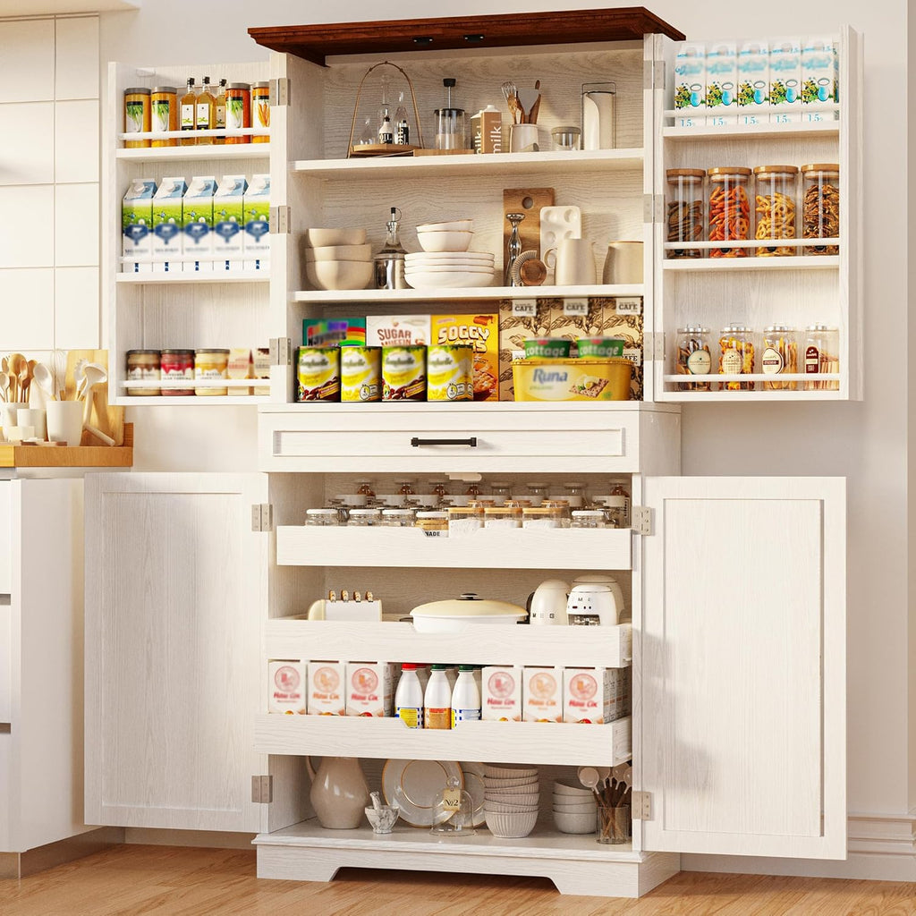 IRONCK Farmhouse Kitchen Pantry Cabinet, 72" Height Tall Freestanding Cupboard with Sliding Storage Rack and 6 Hanging Shelves for Kitchen, Dining Room, White