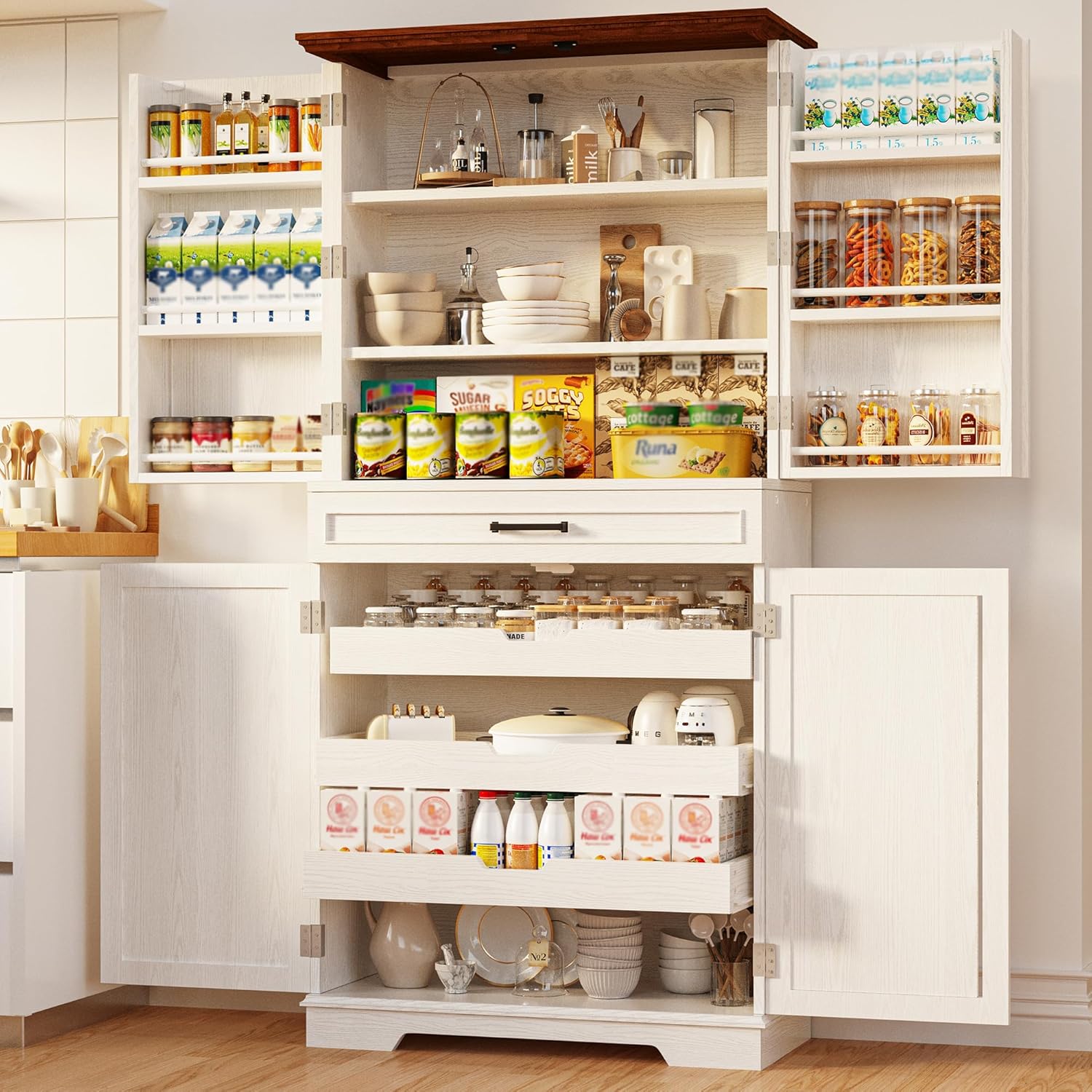 IRONCK Farmhouse Kitchen Pantry Cabinet, 72" Height Tall Freestanding Cupboard with Sliding Storage Rack and 6 Hanging Shelves for Kitchen, Dining Room, White