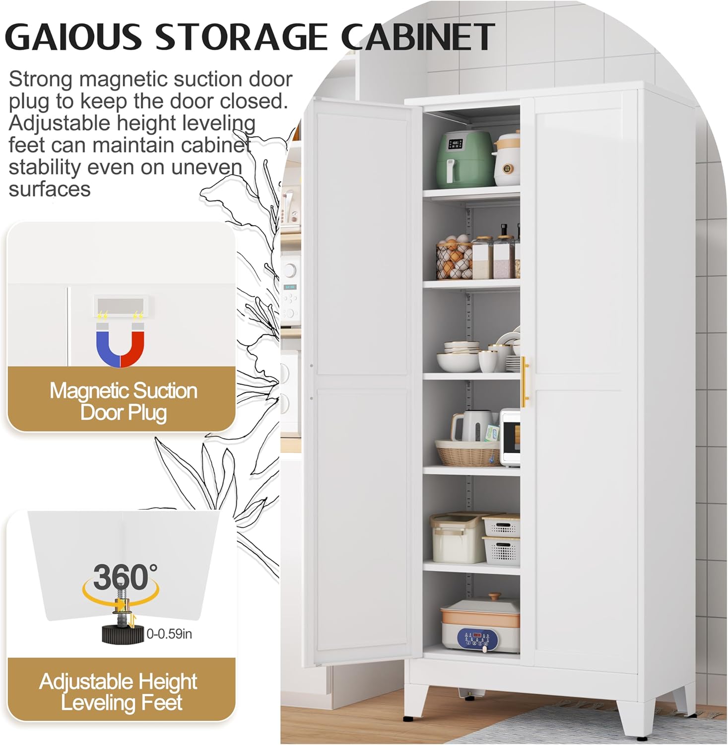 75.2" Tall Metal Kitchen Pantry Storage Cabinets with 2 Door and 5 Adjustable Shelves, Cupboard for Kitchen, Dining Room, Living Room and Bathroom, White