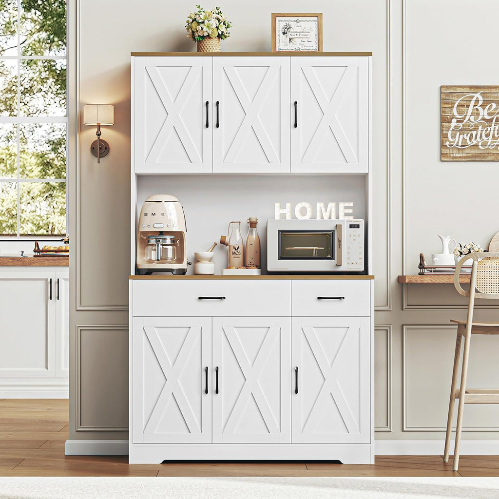 HOSTACK 71" Pantry Cabinet with Charging Station, Tall Kitchen Pantry Storage Cabinet with Microwave Stand, Farmhouse Kitchen Hutch with Storage Drawers for Living Room, Dining Room, White