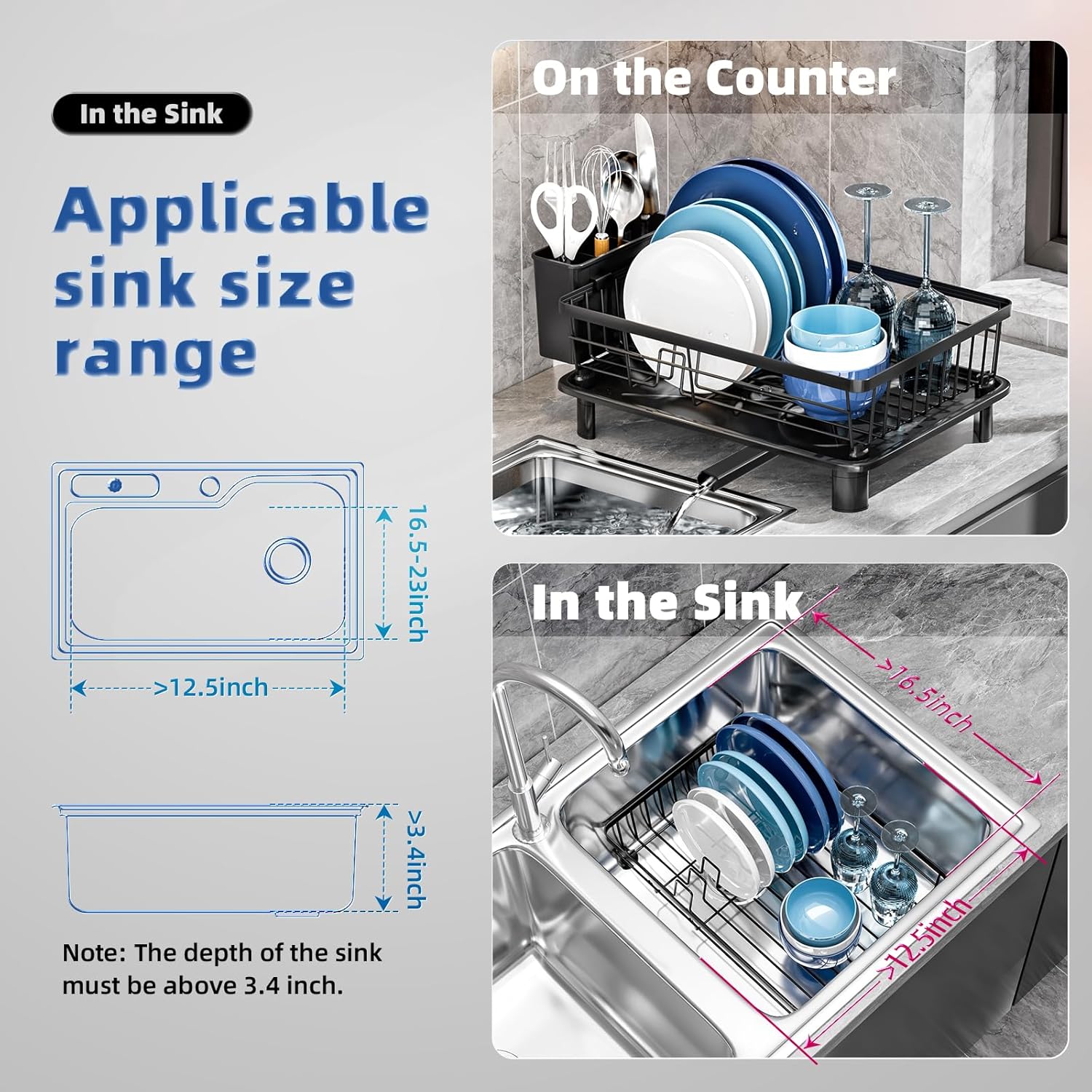 Dish Drying Rack, Stainless Steel Space-Saving Dish Rack, Dish Racks for Kitchen Counter, Kitchen Dish Drainers with Removable Utensil Holder,New Drain Outlet,Plate Rack and Drainboard, Black