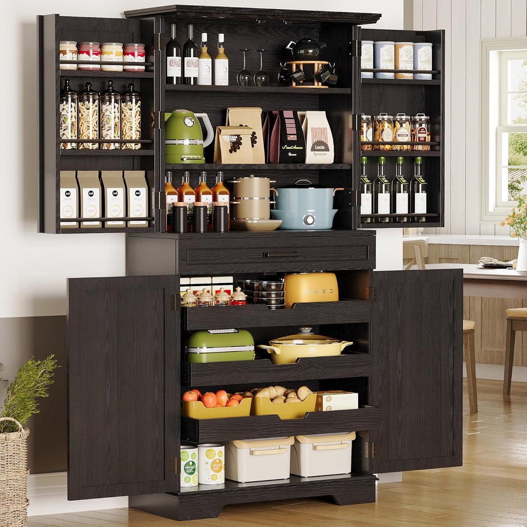 IRONCK Farmhouse Kitchen Pantry Cabinet, 72" Height Tall Freestanding Cupboard with Sliding Storage Rack and 6 Hanging Shelves for Kitchen, Dining Room, White