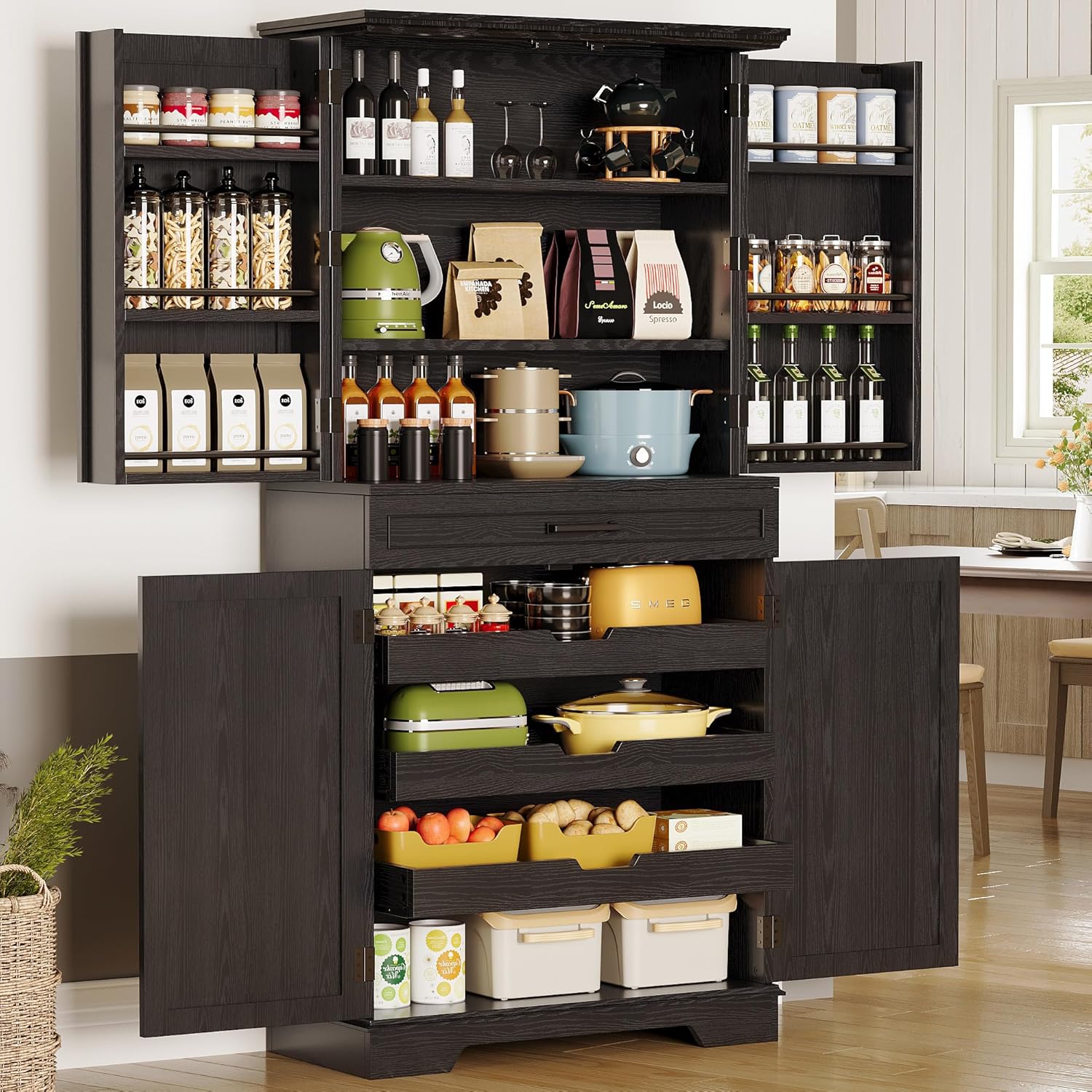 IRONCK Farmhouse Kitchen Pantry Cabinet, 72" Height Tall Freestanding Cupboard with Sliding Storage Rack and 6 Hanging Shelves for Kitchen, Dining Room, White