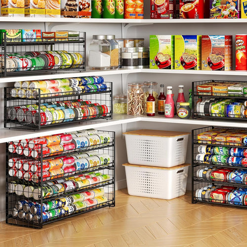2-Pack Stackable Can Organizer for Pantry Shelf, Adjustable Extra-Long Rolling Can Rack for Kitchen Cupboard Storage, Sturdy Standing Can Holder for Canned Food Goods Soda up to 128, 2 Tier, Black